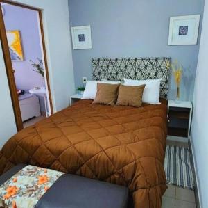 a bedroom with a large bed with a brown comforter at Temporario CNQ in Corrientes