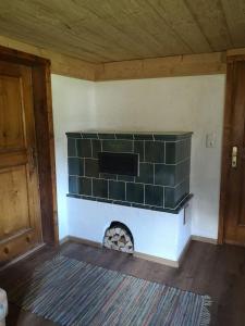 a fireplace in a room with a green brick wall at Hütta Monika in Sankt Gallenkirch