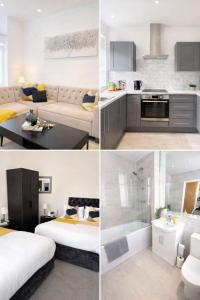 un collage di foto di una cucina e di un soggiorno di Spacious Bungalow in St Helens, 1-Min Drive to Carr Mill Bridge a Saint Helens