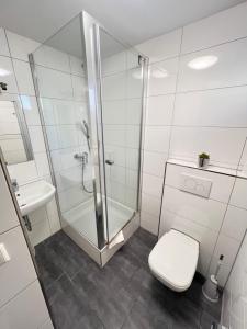 ein Badezimmer mit Dusche, Toilette und Waschbecken in der Unterkunft FlyInn-Pension Airport-Messe in Leinfelden-Echterdingen
