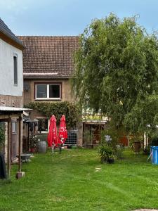 een tuin met twee rode parasols voor een huis bij Himmelswege in Niederdorla