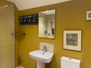 a bathroom with a sink and a toilet and a mirror at Bear Cottage in Scyborycoed