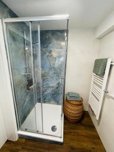 a shower with a glass door in a bathroom at Grünes Studio in Hameln