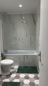 een badkamer met een toilet en een douche met marmeren muren bij Duplex appartement in Étampes