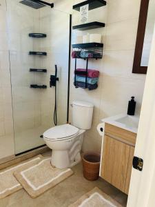 a bathroom with a toilet and a shower and a sink at O L S Property in Saint Marks Village