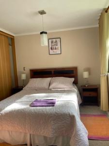 een slaapkamer met een bed met een paarse deken erop bij Parque del Volcan Pucon in Pucón +44 foto's