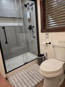 een badkamer met toilet en glazen douche bij Dovetail Den - Tranquil with Hot Tub and Air Conditioning in Ashford
