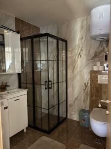 a bathroom with a shower with a sink and a toilet at Crown Apartmani Vlašić in Vlasic +55 photos