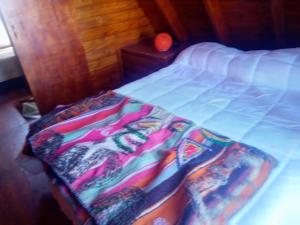 a bed with a colorful blanket on top of it at Entre aromos y lavandas in San Clemente del Tuyú