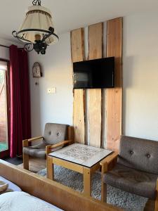 ein Zimmer mit zwei Stühlen und einem Tisch und einem Fernseher in der Unterkunft Hotel Bergfreiheit 7 in Schonach