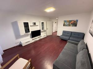 a living room with a couch and a flat screen tv at Ferienwohnung-Montagewohnung 4 in Paderborn