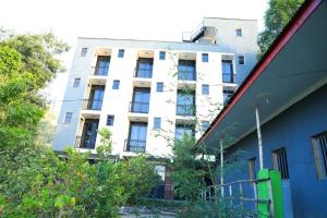 a white building with windows and trees in front of it at Kings Land Hotel in Lalībela