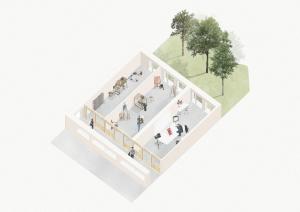 an overhead view of a building with people walking and trees at Propice in Le Palais