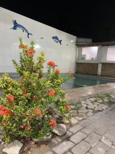 a plant with red flowers next to a swimming pool at Beach House in Barra dos Coqueiros