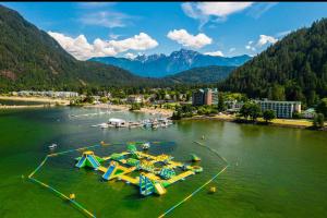 an aerial view of a river with slides at Harrison Lakeside Retreat in Harrison Hot Springs