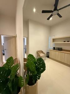 ein Wohnzimmer mit Deckenventilator und Pflanzen in der Unterkunft Almera Vallarta Hotel Suites in Nuevo Vallarta