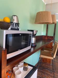 a microwave on a shelf with cups and a lamp at QHAWANA CABAÑAS & SUITES in La Rioja
