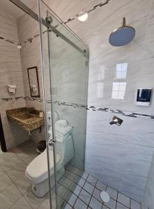a bathroom with a toilet and a glass shower at Mi Cassa Real Degollado Hotel #4 in Degollado