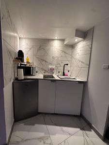 een kleine keuken met een spoelbak en een aanrecht bij Asdreamslove in Alès +1 foto