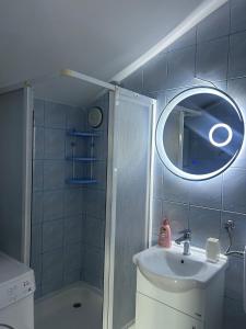 a bathroom with a sink and a shower with a mirror at SarajevoView in Ivišovo Greblje +28 photos