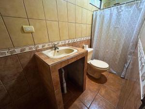 a bathroom with a sink and a toilet at Cabaña La Conquista Naturaleza aves y tranquilidad en Sarapiquí cerca de la Selva in Sarapiquí