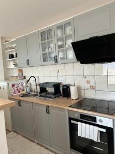 a kitchen with white cabinets and a stove top oven at SarajevoView in Ivišovo Greblje