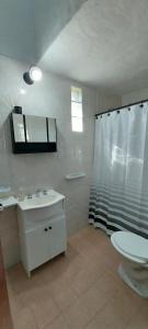 a bathroom with a sink and a shower and a toilet at La Casita de Oreste in Cosquín