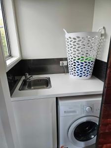 a kitchen with a sink and a washing machine at Podgsters in Mangonui +5 photos