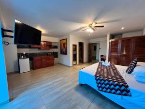 een grote kamer met een bed en een flatscreen-tv bij Samiria Jungle Hotel in Iquitos