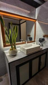 a bathroom counter with a sink and a mirror at Nilowin Glenanore Guesthouse in Haputale +130 photos