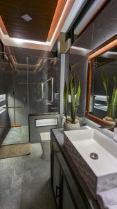 a bathroom with a sink and a shower and a toilet at Nilowin Glenanore Guesthouse in Haputale