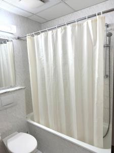 a bathroom with a shower curtain and a toilet at Hotel BernsteinSee in Bitterfeld
