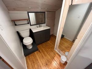 a small bathroom with a toilet and a sink at Cozy Cabin near KentuckyLake in Murray