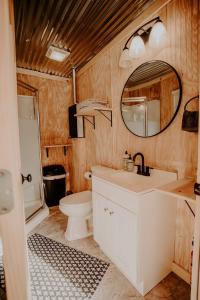 een badkamer met een wastafel, een toilet en een spiegel bij The Perch Glamping by Rafting in Cosby +117 foto's