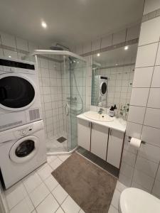 un bagno con lavatrice e lavandino di Stavanger Comfortable Living - One-bedroom Apartment a Stavanger Altre 21 foto
