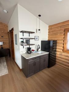 a kitchen with a sink and a black refrigerator at The Willows Cabins in West Yellowstone