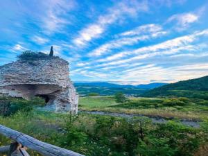 un uccello seduto in cima a un edificio in un campo di Apartment in a farmhouse with 2 swimming pools a Cagli