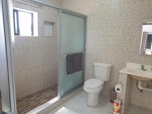 a bathroom with a shower and a toilet and a sink at Cambridge Heights Guest House in Port Maria