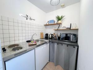 a small kitchen with a sink and a stove at Le Petit Cocon - Lumineux & Confortable in Cerizay