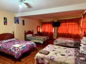 ein Hotelzimmer mit drei Betten und einem Flachbildfernseher in der Unterkunft Hotel Cuaupatanini in Xocoyolo