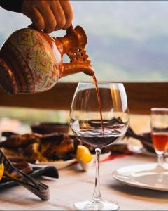 een persoon die rode wijn in een wijnglas giet bij Hylli Drites in Troshan