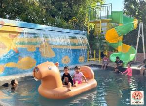 a group of children playing in a swimming pool at Casa de Capybara in Siem Reap