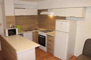 una pequeña cocina con electrodomésticos blancos y paredes de madera. en Apartmány pri Auparku, en Piešťany