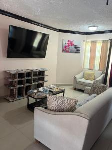 a living room with a couch and a tv at Steps Away from Adventure -2bedroom & 2 Bath in Turtle Cove