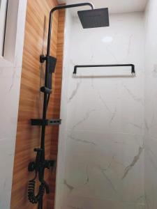 a shower in a bathroom with a marble wall at Lia Clarke Transient House in Nasugbu +16 photos