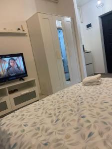een slaapkamer met een bed en een televisie. bij apartament 1 camera in Roşu