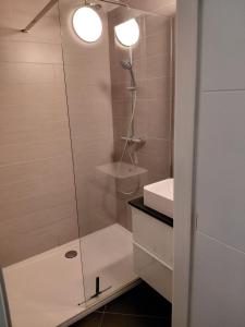 a bathroom with a shower and a sink at App ZeeVorm Nieuw in De Panne