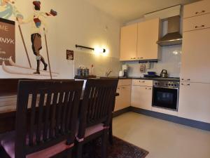 a kitchen with two chairs and a kitchen with a stove at Holiday home in a quiet, authentic mountain village with a view of the surrounding hills in Zlatá Olešnice