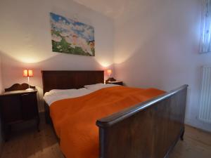 a bedroom with a large bed with an orange blanket at Holiday home in a quiet, authentic mountain village with a view of the surrounding hills in Zlatá Olešnice