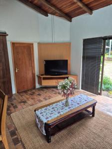 a living room with a coffee table and a tv at The Macadamia Nut Farm House in White River